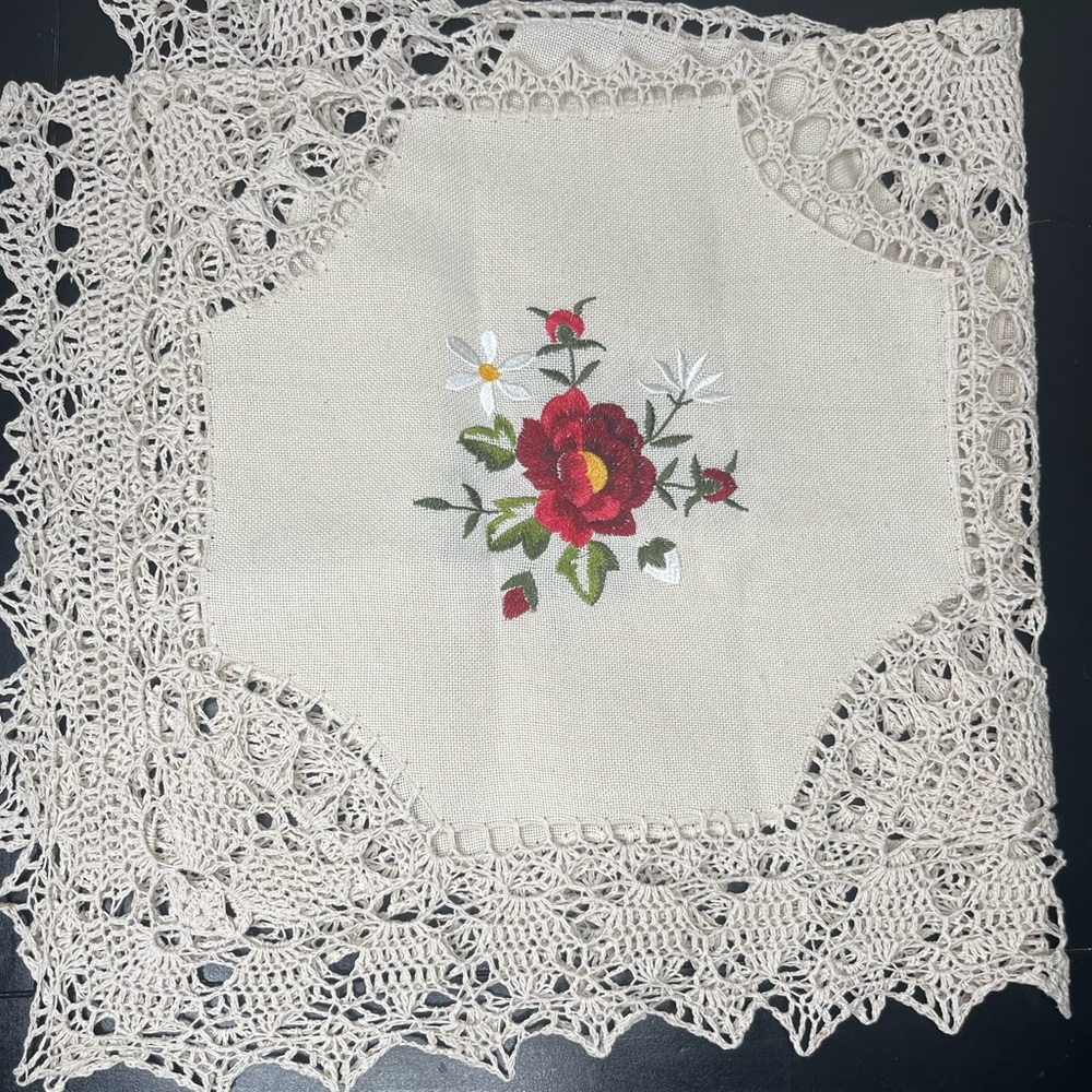 Vintage 34” Handmade Embroidered Tablecloth Rose Floral Square